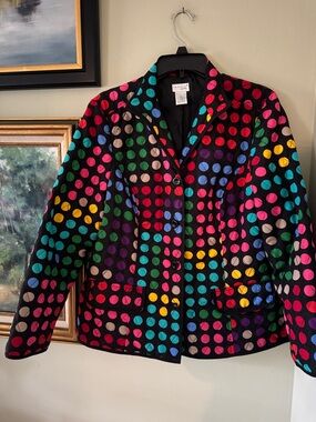 Vintage Vtg Rainbow 🌈 Colorful Polka Dot Jacket Coat Black Background Size L